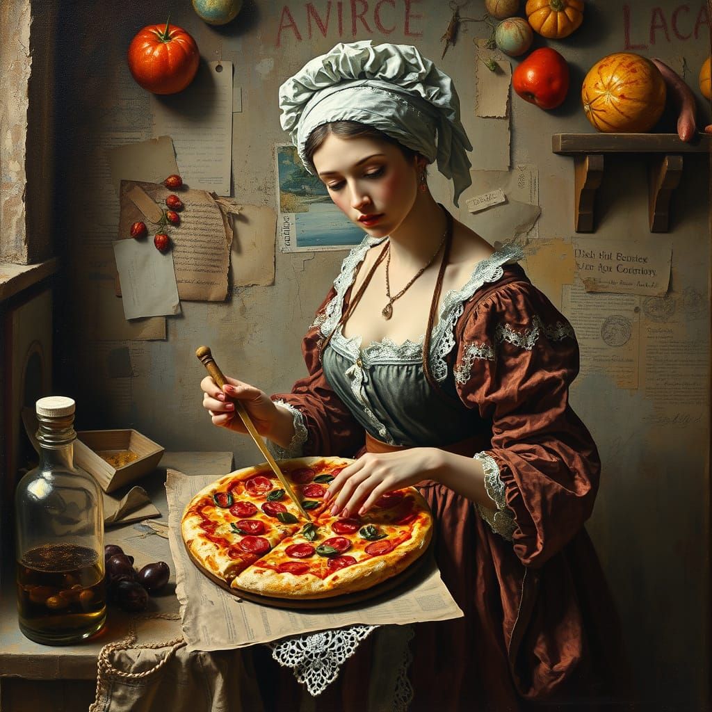Renaissance Woman Baking Pizza in Impasto Style