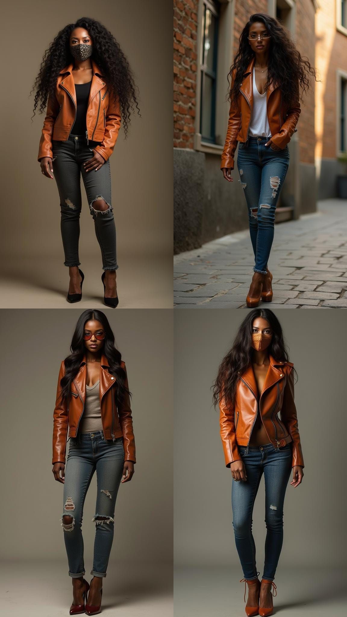 Masked Woman in Leather Jacket and Jeans