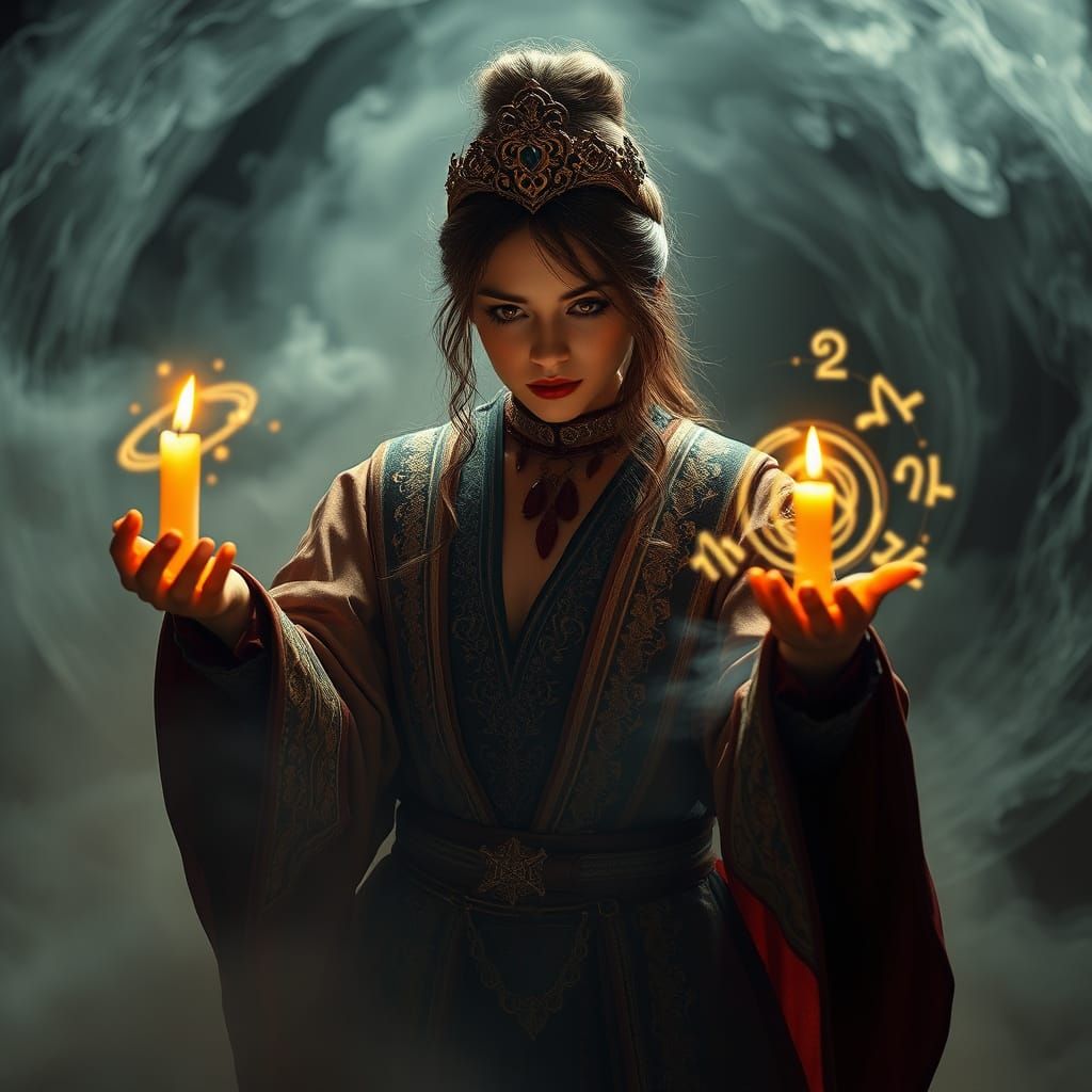 Mystical Female Magician Performs Ancient Ritual in Ethereal...