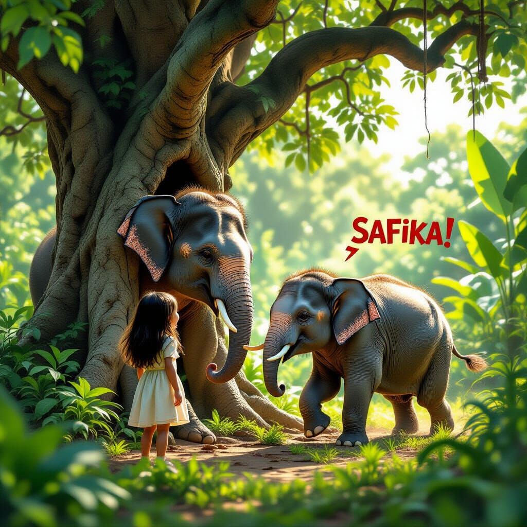 Girl and Elephant Play Hide-and-Seek in Lush Garden