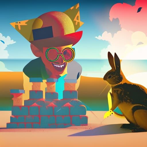Large happy man builds a sandcastle on the beach while rabbits with margaritas watch