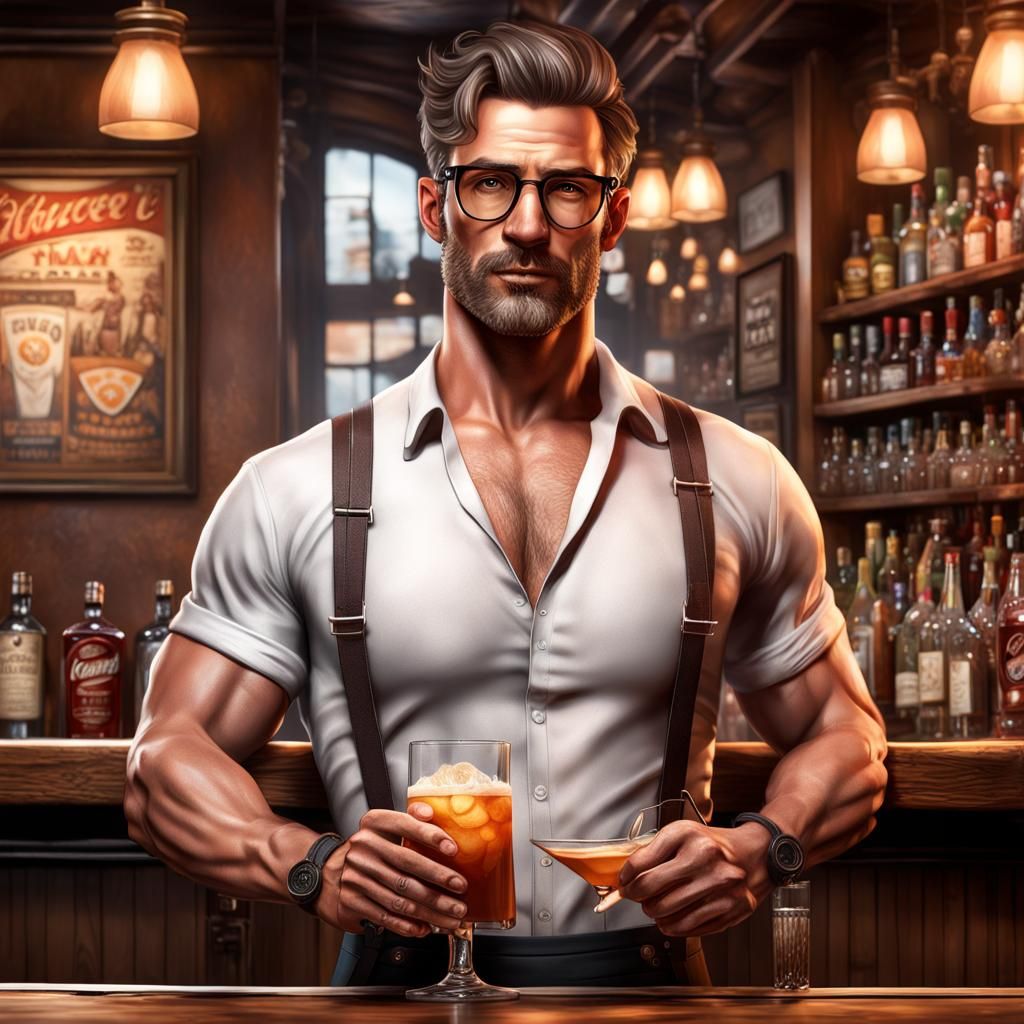 Handsome Bartender in Cozy Bar, Hyperrealistic Portrait