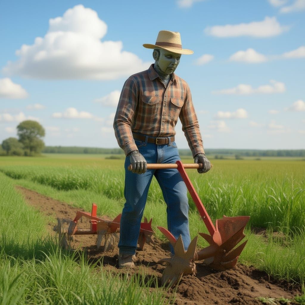 Robot Farmer Plowing Field in Impressionist Style