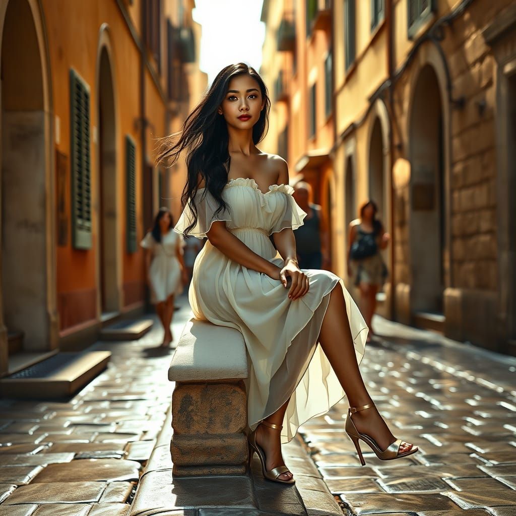 Elegant Woman in Sunlit Mediterranean Street