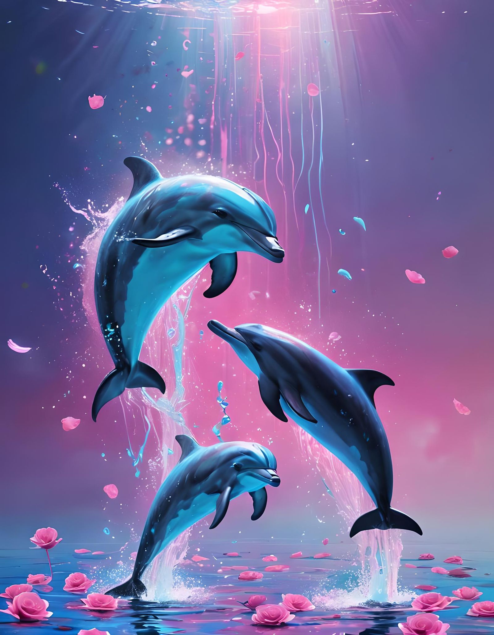Dolphins Synchronized Swimming in Neon Anime Style