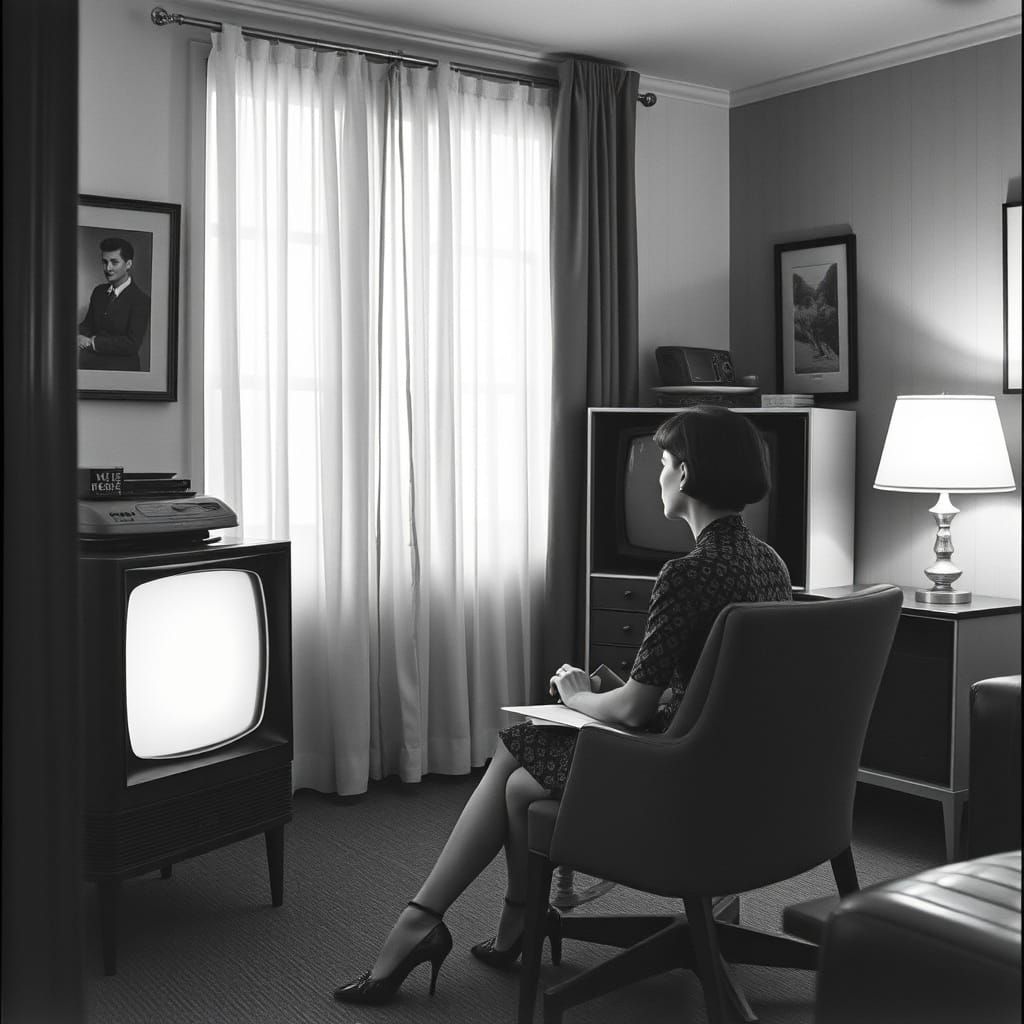 Nostalgic 1960s TV Scene in Black and White