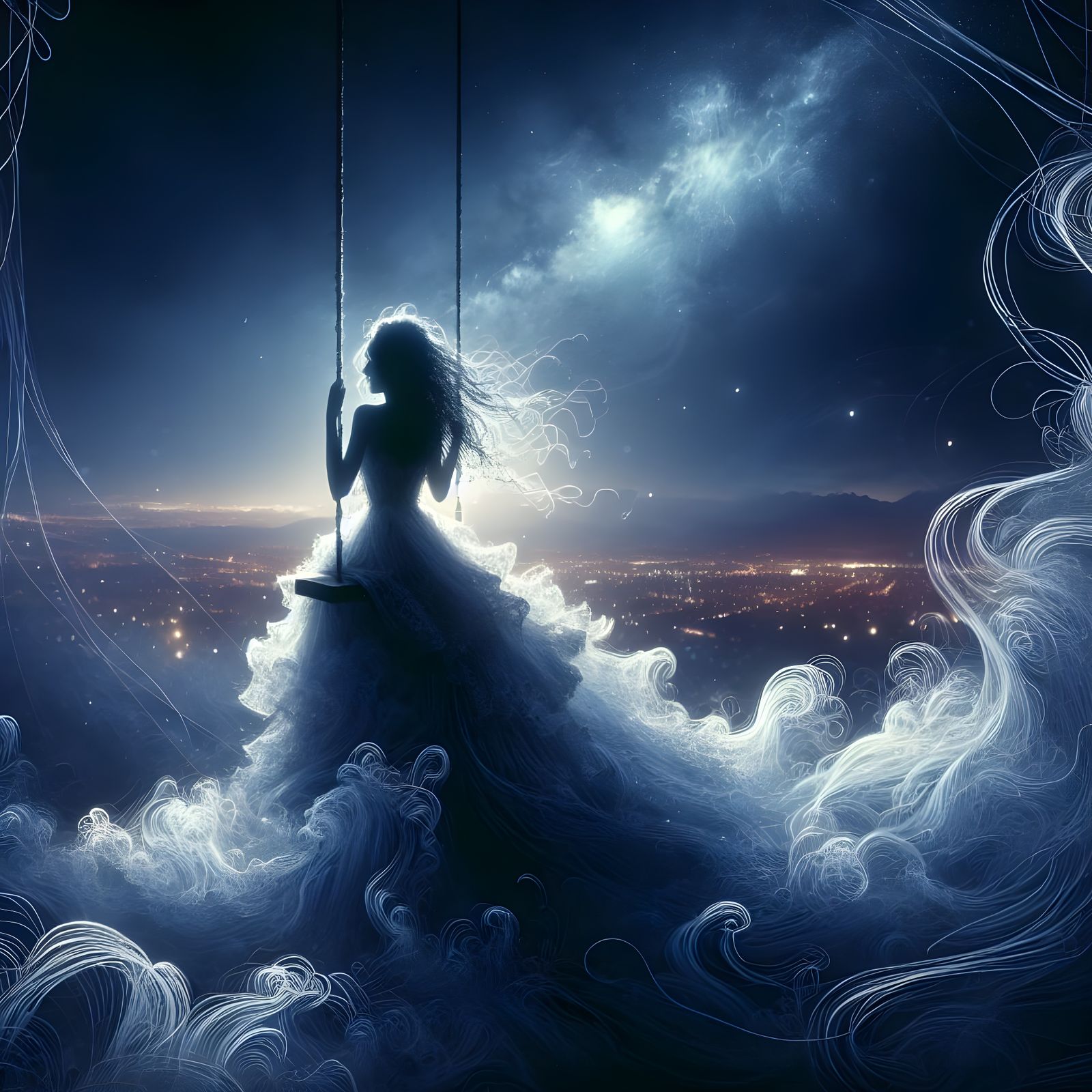 Woman on Swing Gazing at Starry Sky