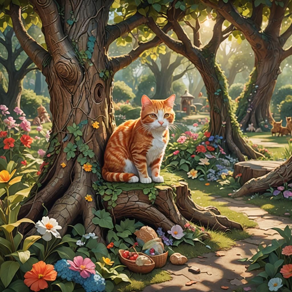 Ginger Cat Hiding at Picnic, Impasto Painting