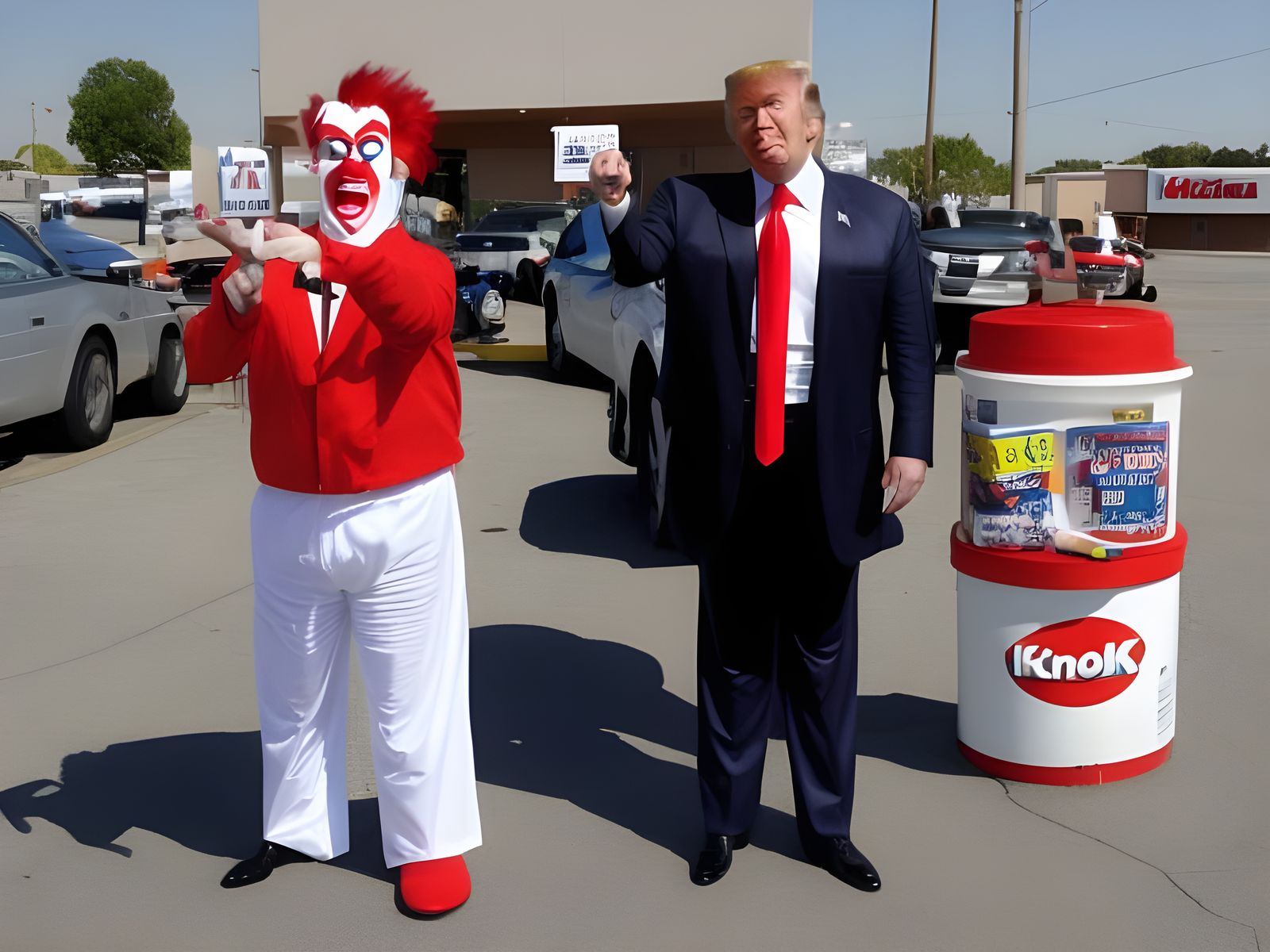 Clownish Figure Distributes Flyers in Parking Lot