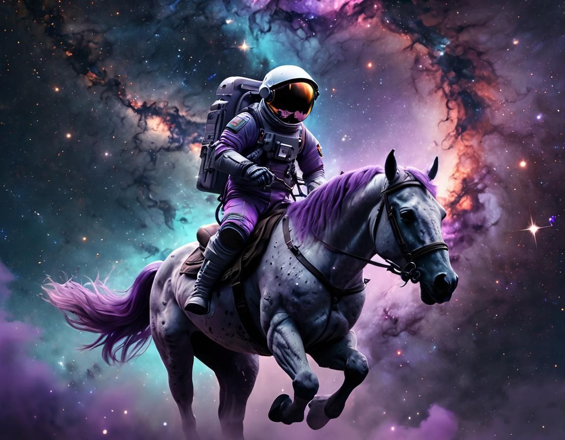 Astronaut Rides Alien Horse Through Colorful Galaxy