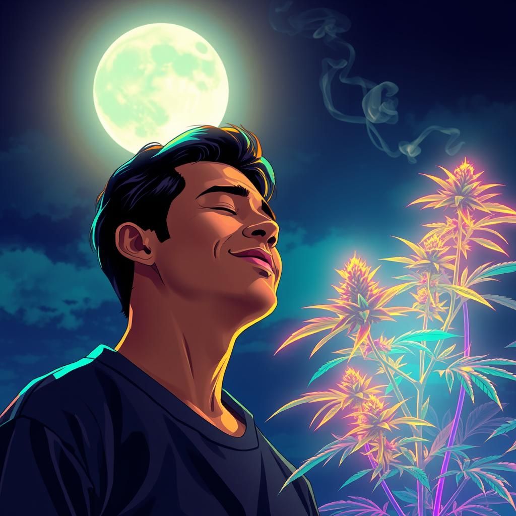 Contemplative Man with Neon Marijuana Plant in Anime Style