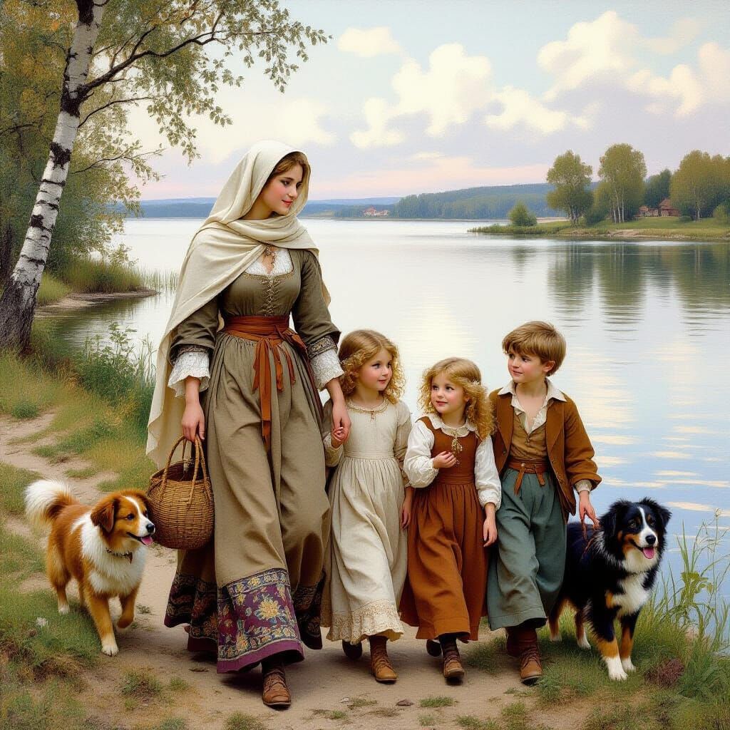 Medieval Woman and Children by Lake, in Classic Style