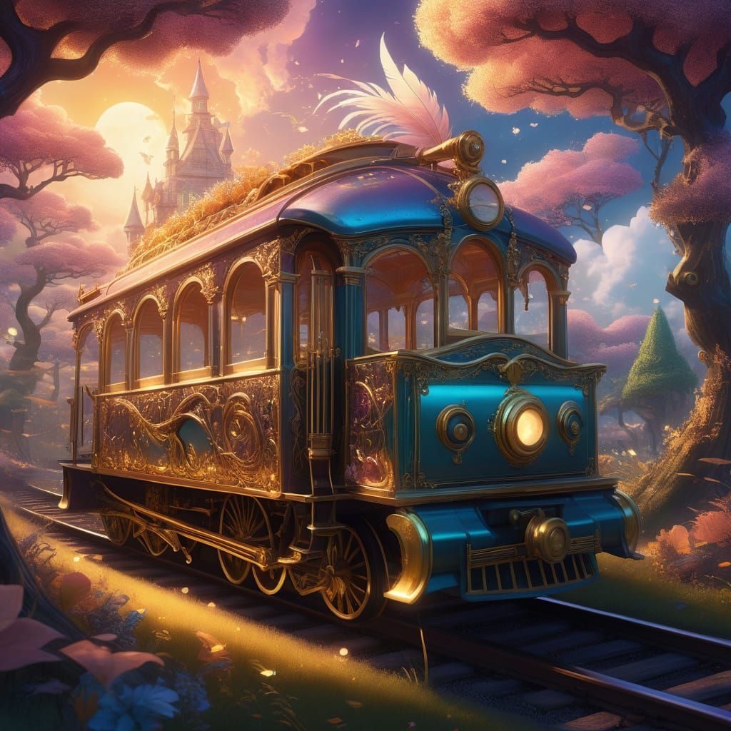 Surreal Train Chugs Through Dreamy Landscape in Vibrant, Iri...