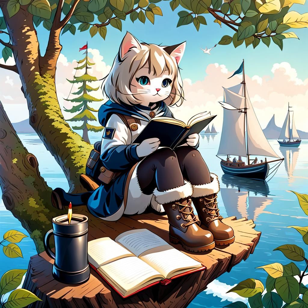 Pensive Cat Journaling Atop a Tree Overlooking Sailboats