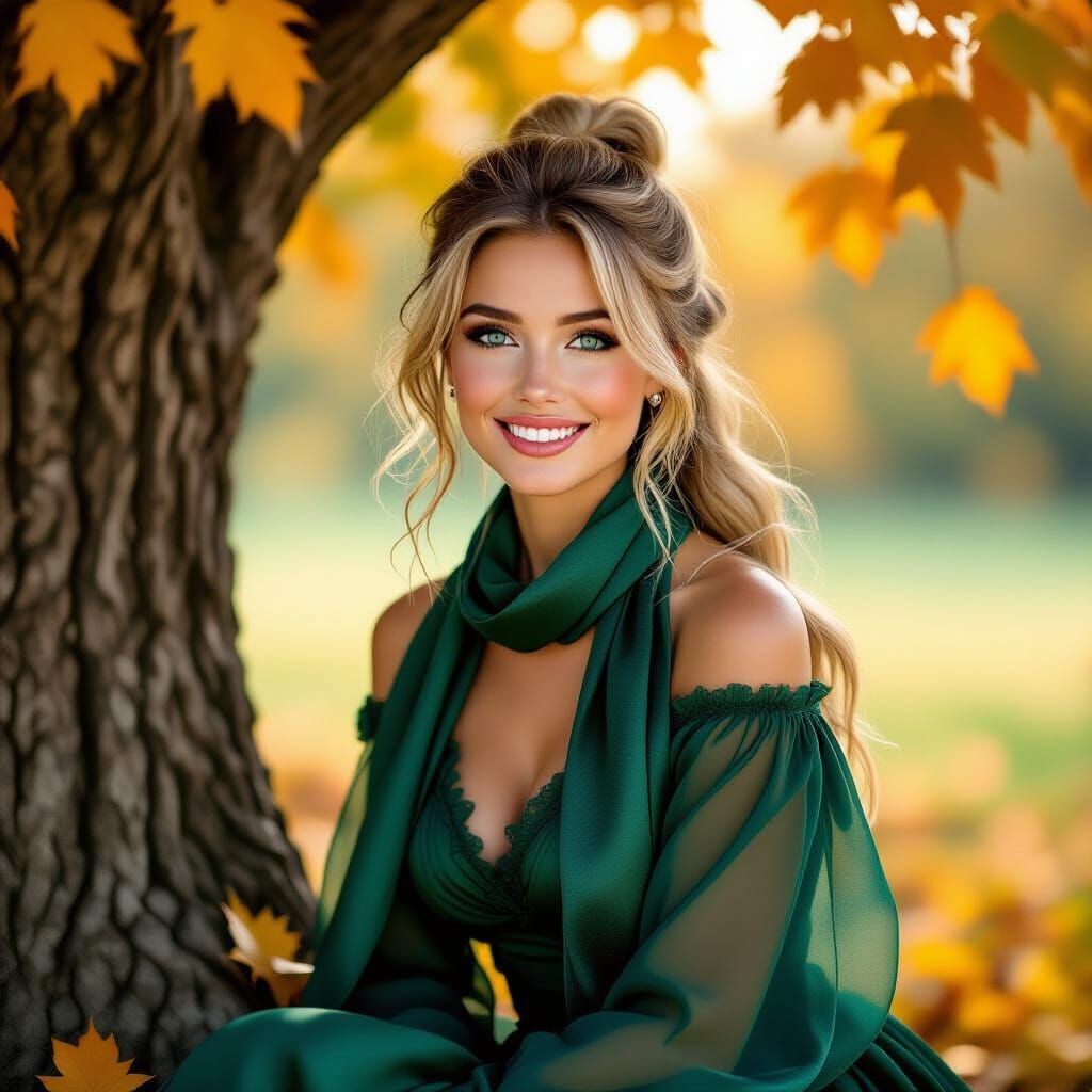 Woman in Autumn Dress with Blonde Ponytail