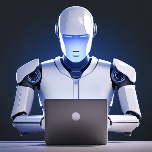 Robot at Laptop: Future Tech Stock Photo