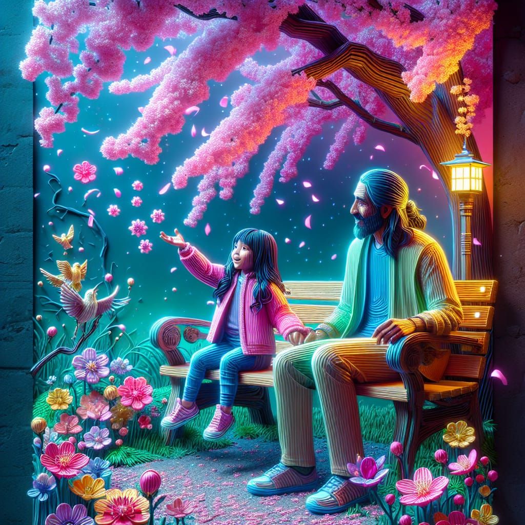 Father and Daughter Catching Blossoms in Synthwave Folk Art