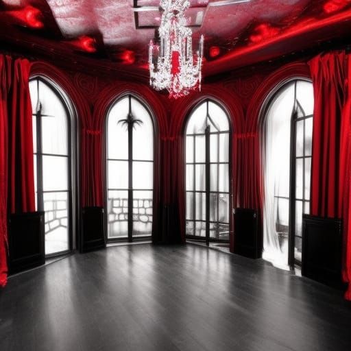 Gothic horror themed Penthouse with Black walls& haunted Gothic windows with red accents& crimson red ceiling with blood...