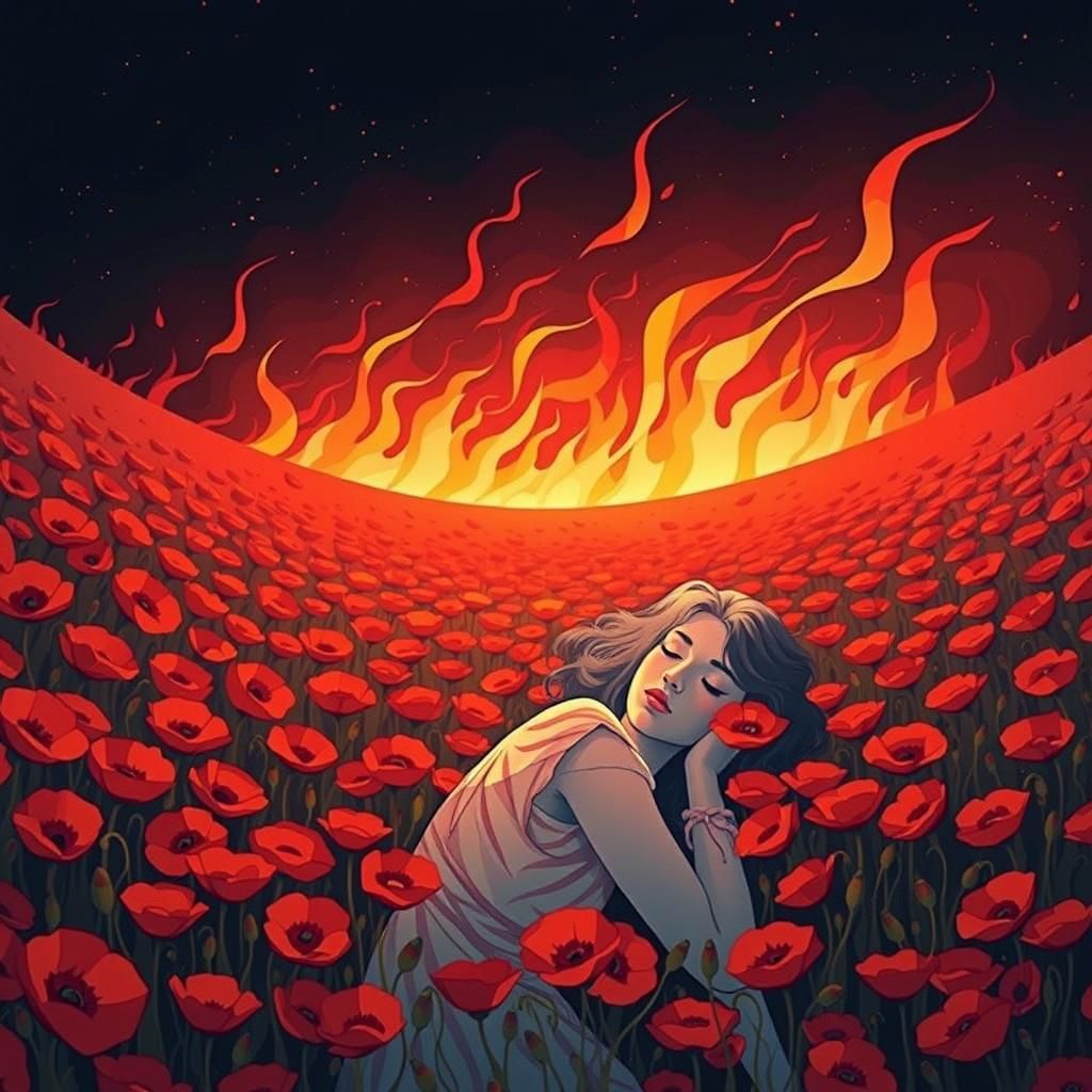 Poppy Field on Fire: Minimalist Digital Art Landscape