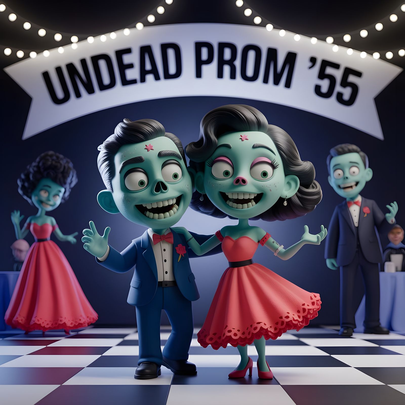 Cute Creepy Claymation Zombie Couple Dancing At 1950s Prom