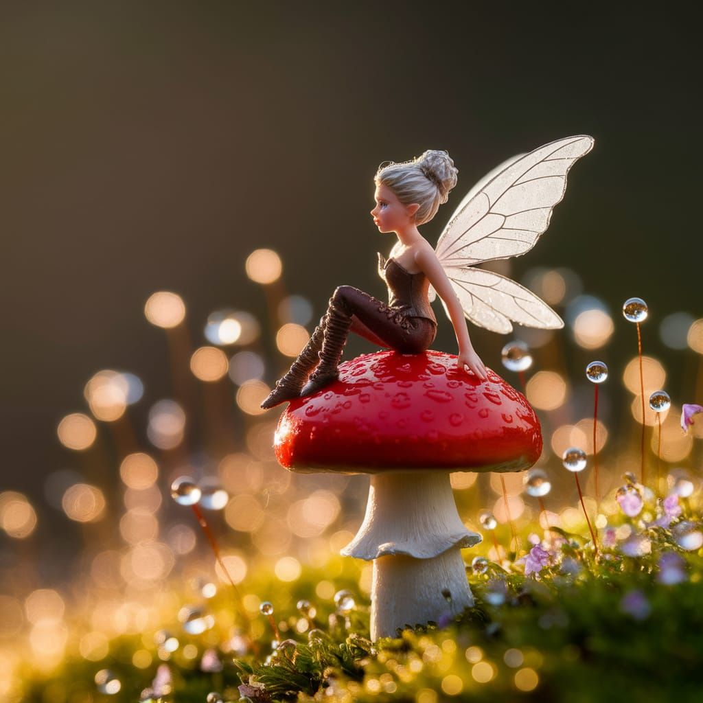 Macro Photo: Fairy in Leather Pants on Mushroom