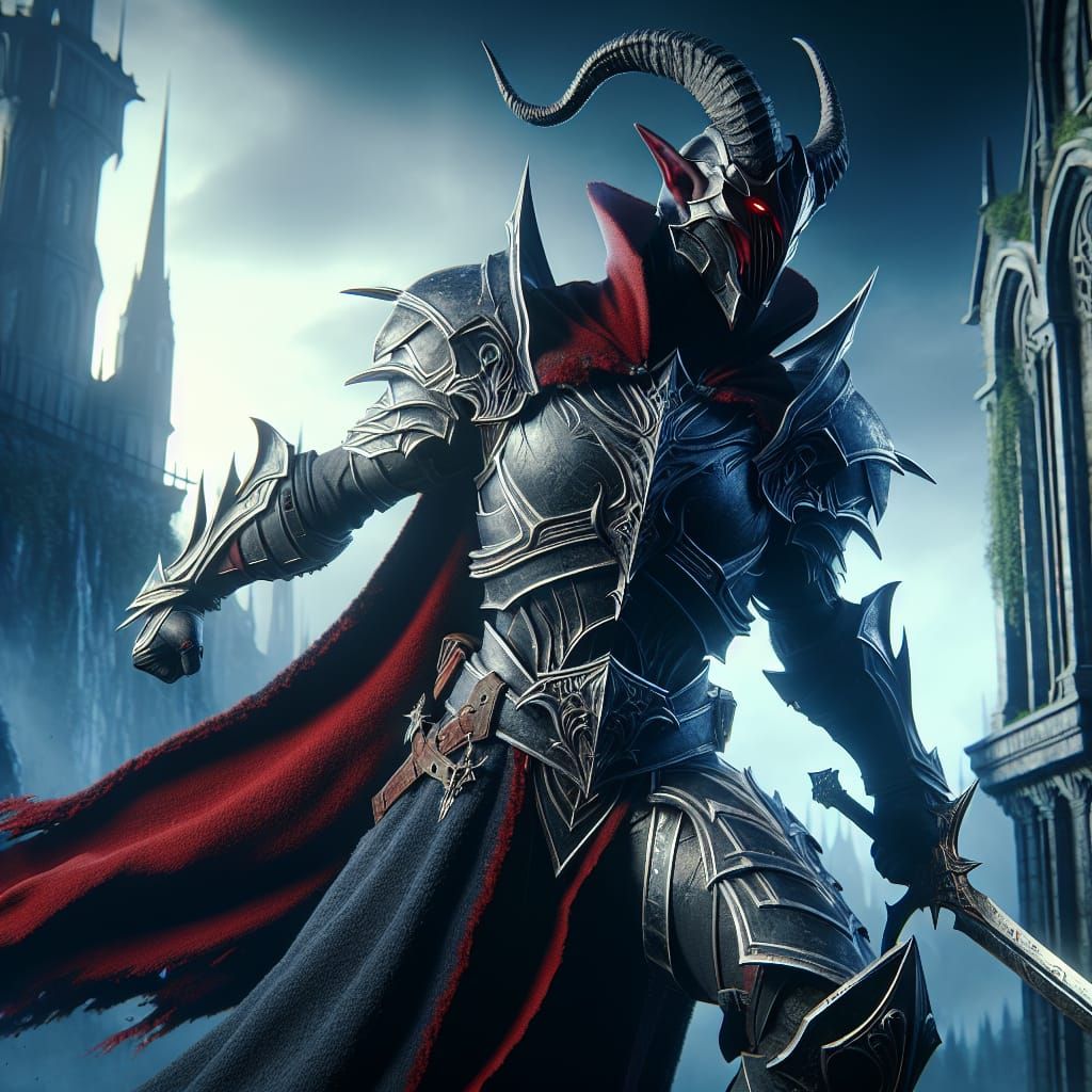 Tiefling Warrior in Dark Fantasy Art Nouveau Style