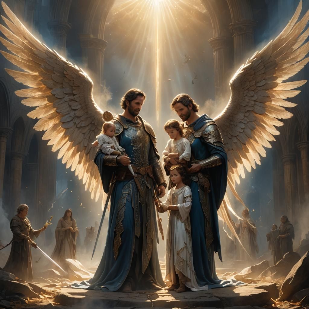 Majestic Angel Protects Family: Fantasy Art
