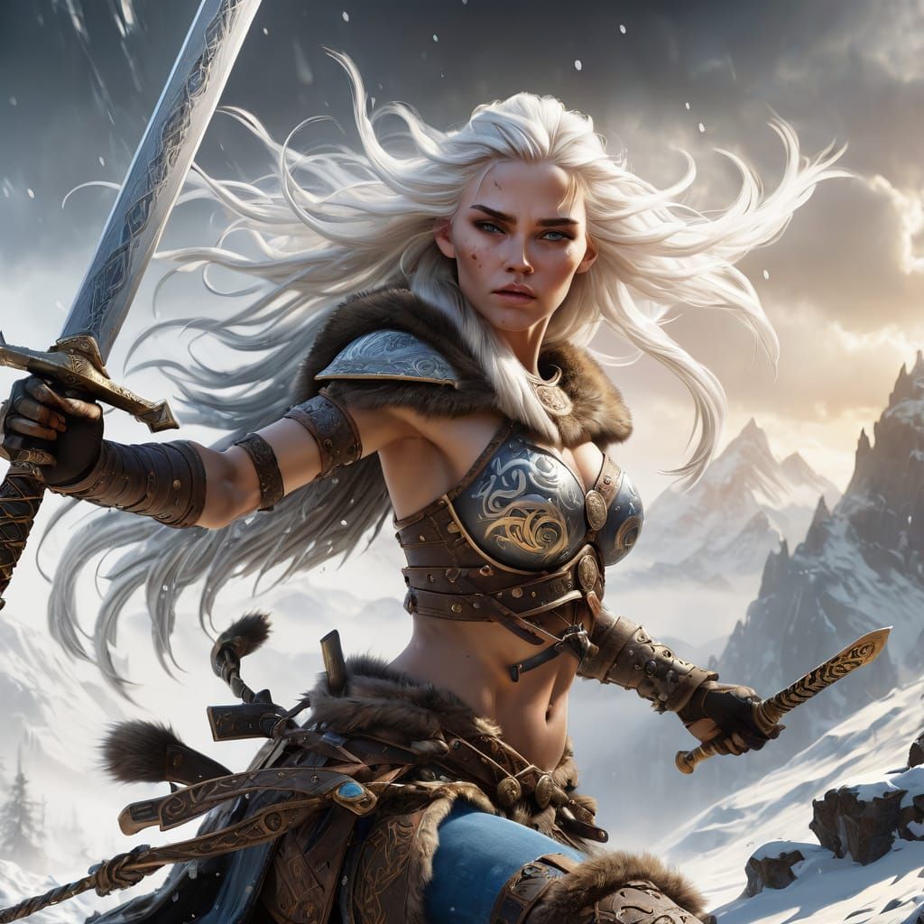 Viking Warrior Woman in Snowy Mountain Landscape
