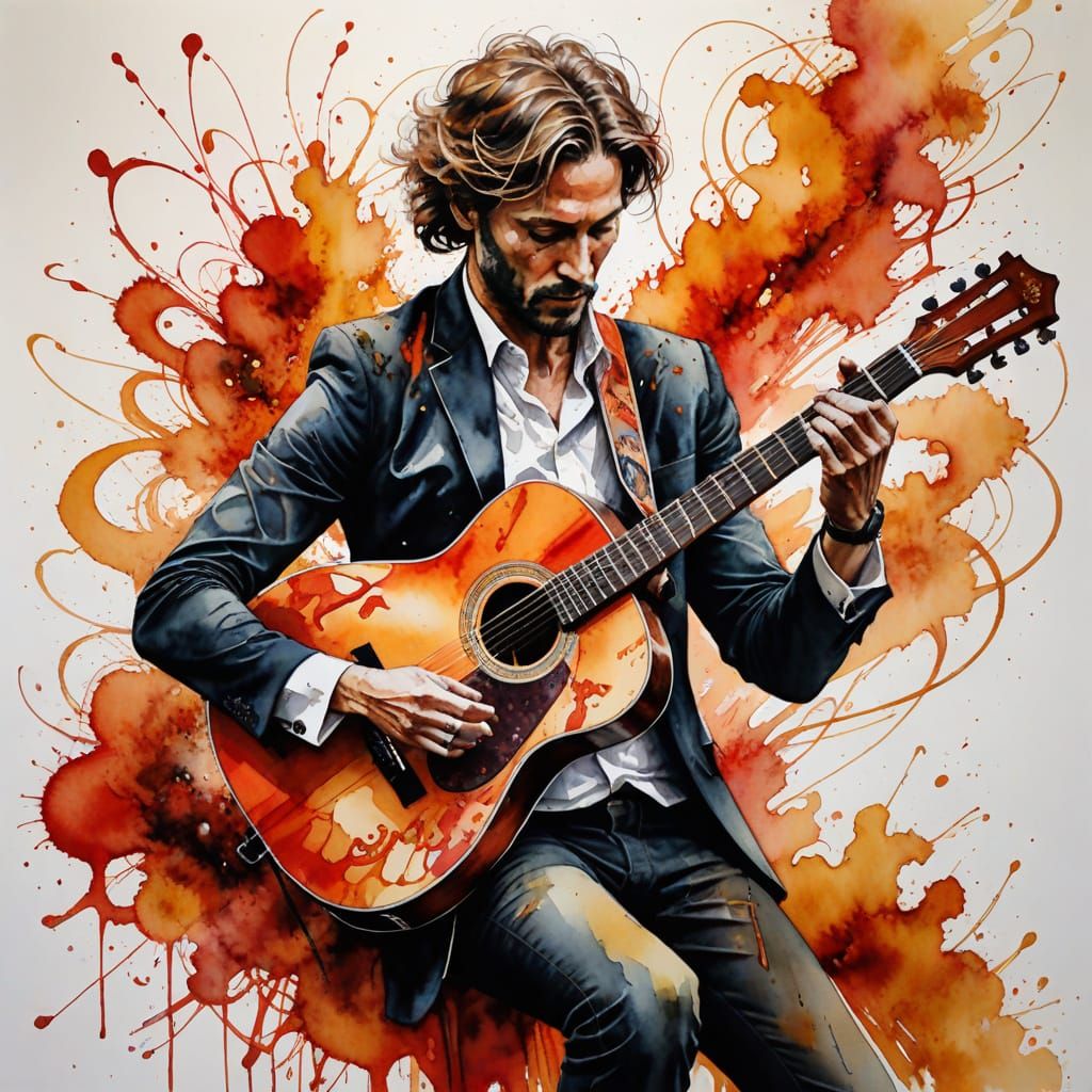 Flamenco Guitarist in Watercolor with Expressive Ink