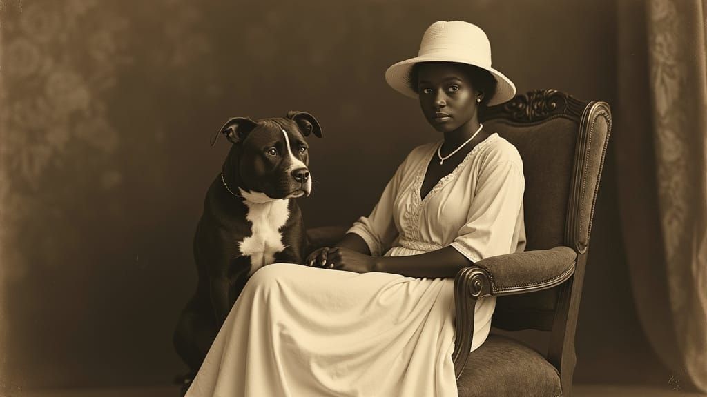 Elegant Woman with Pit Bull in Vintage Photo Style