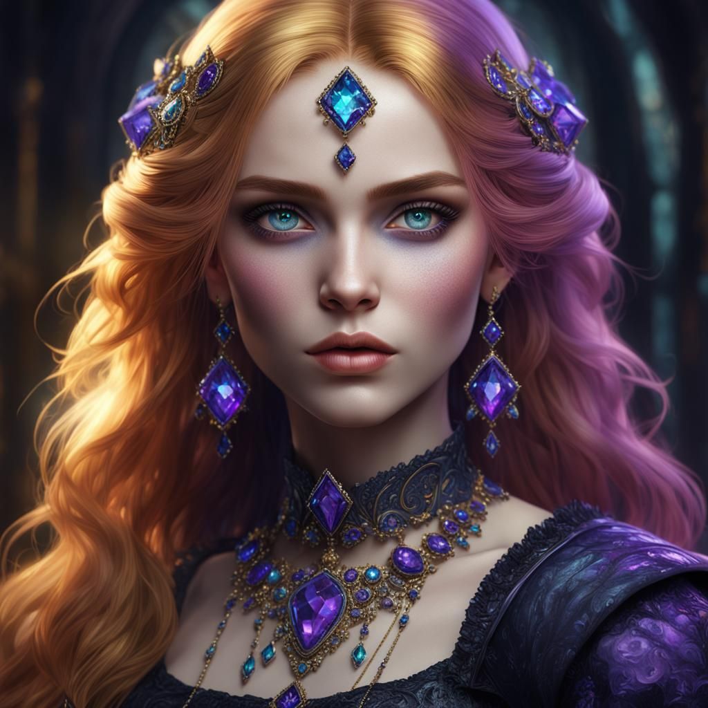 Gothic Woman with Lilac Eyes, Hyperdetailed Dark Fantasy Art