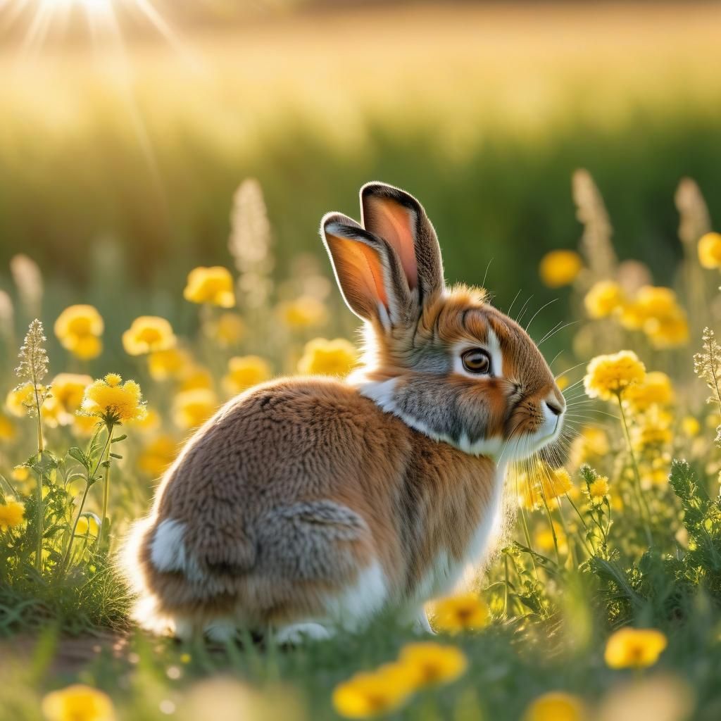 Rabbits Playing in Sunny Field: Wildlife Photography