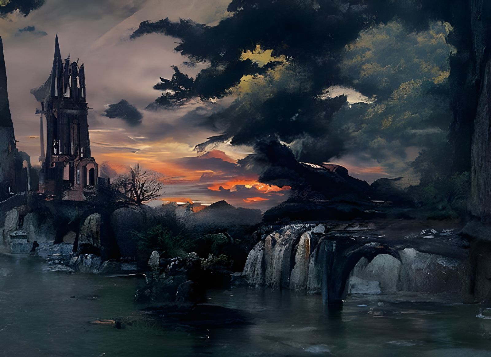 Gothic Dusk Fantasy Architecture in Oil Painting Style