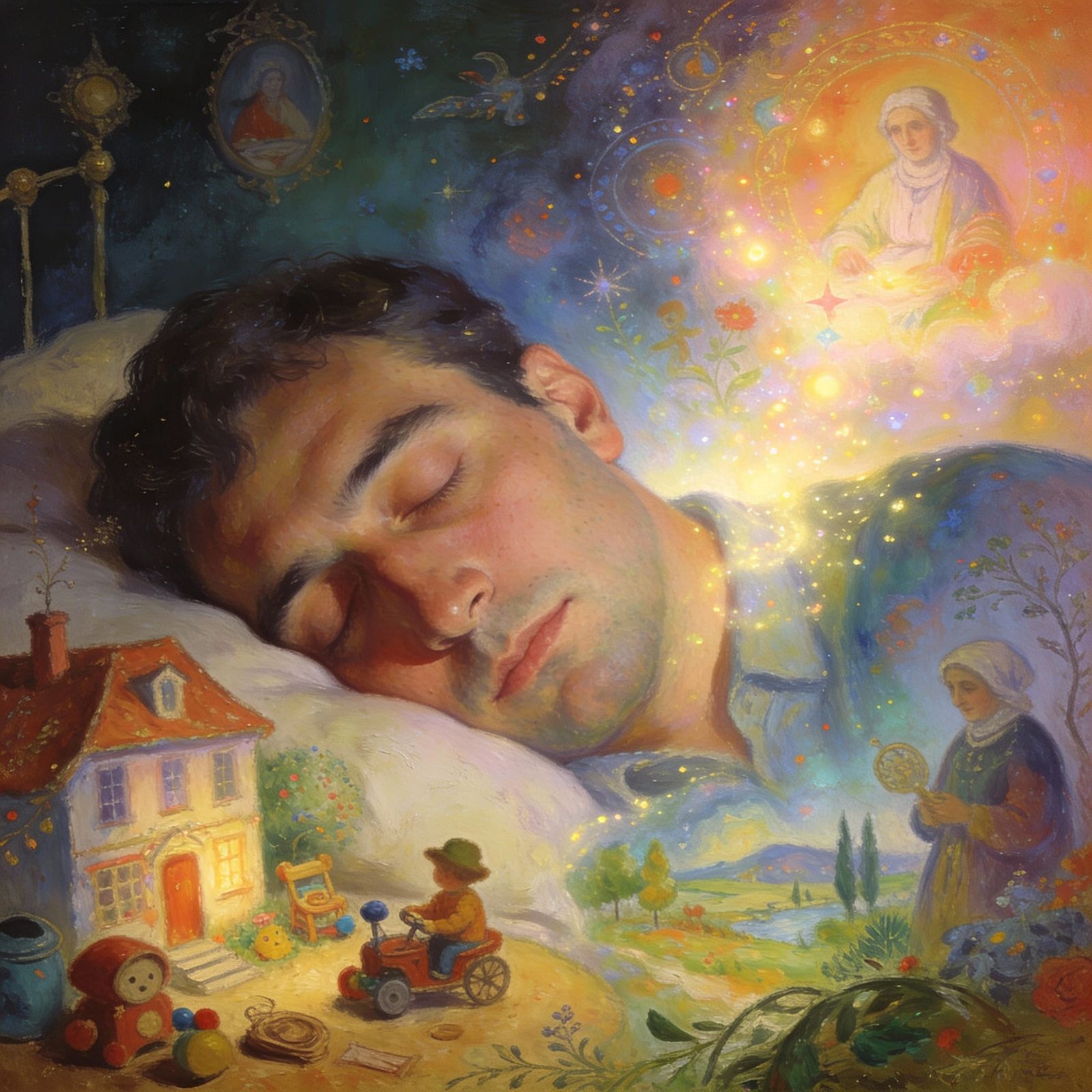 Man's Peaceful Dream of Nostalgic Childhood in Ethereal Styl...