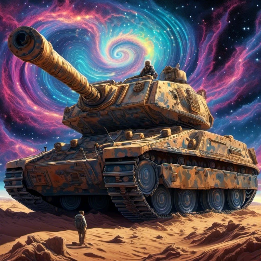 Graffiti Art: Man on War Tank in Desert