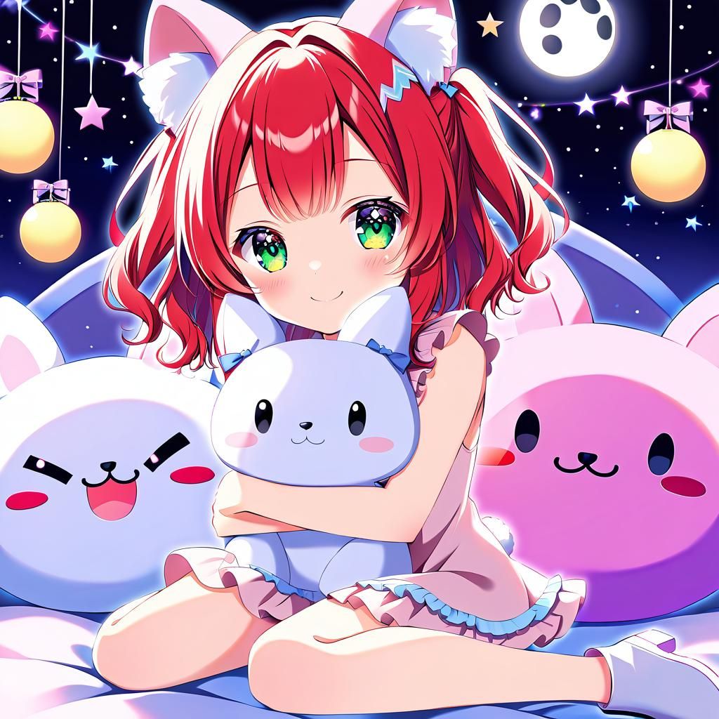 Anime Girl Hugging Bunny Plushie in Kawaii Style