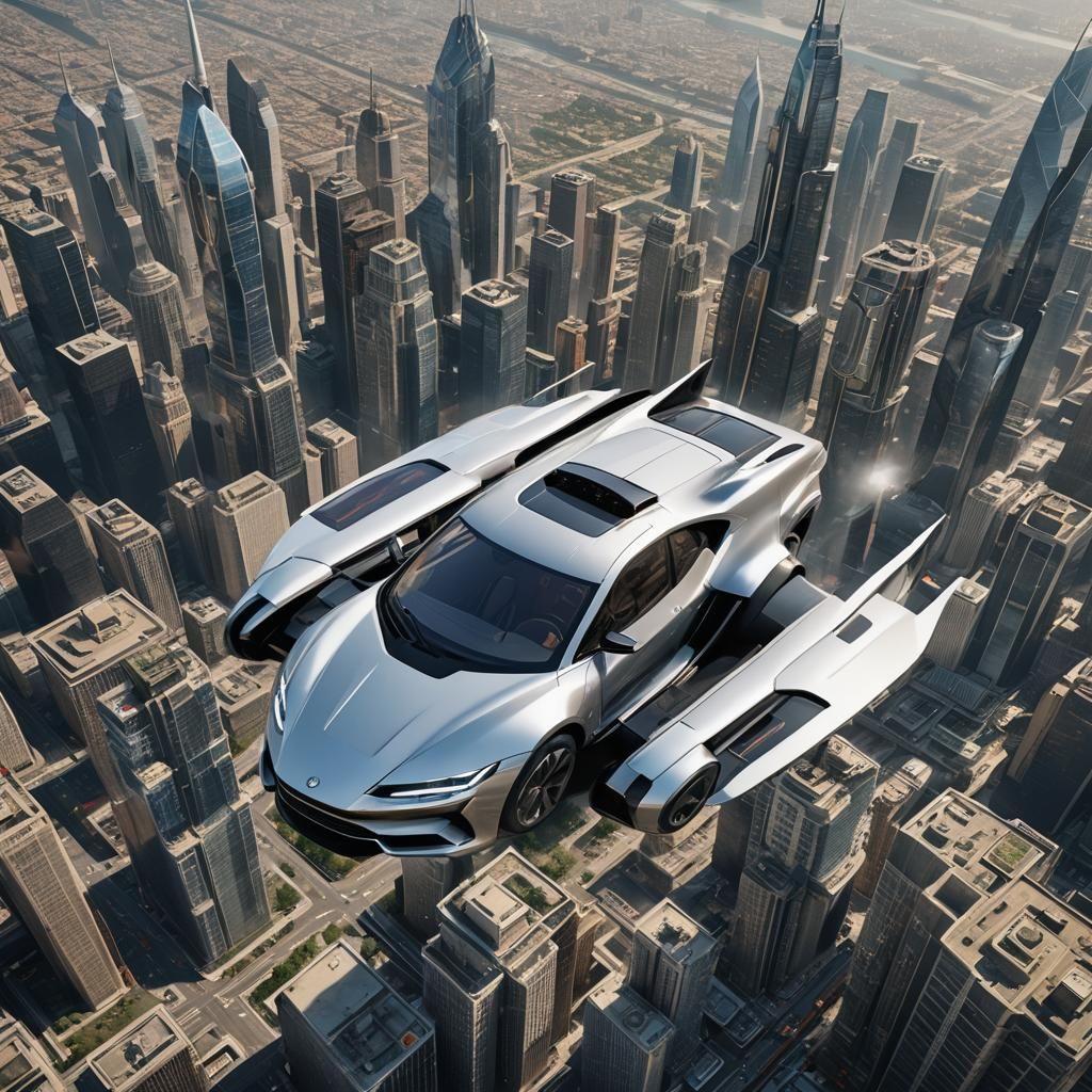 Futuristic Flying Car Soaring Over Cityscape