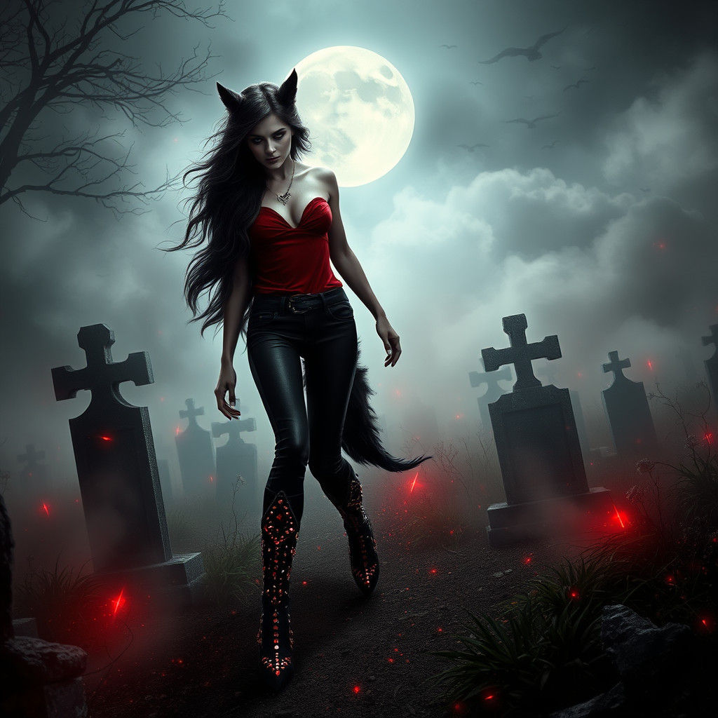 Mystical Werewolf Woman in Graveyard, Ethereal Art