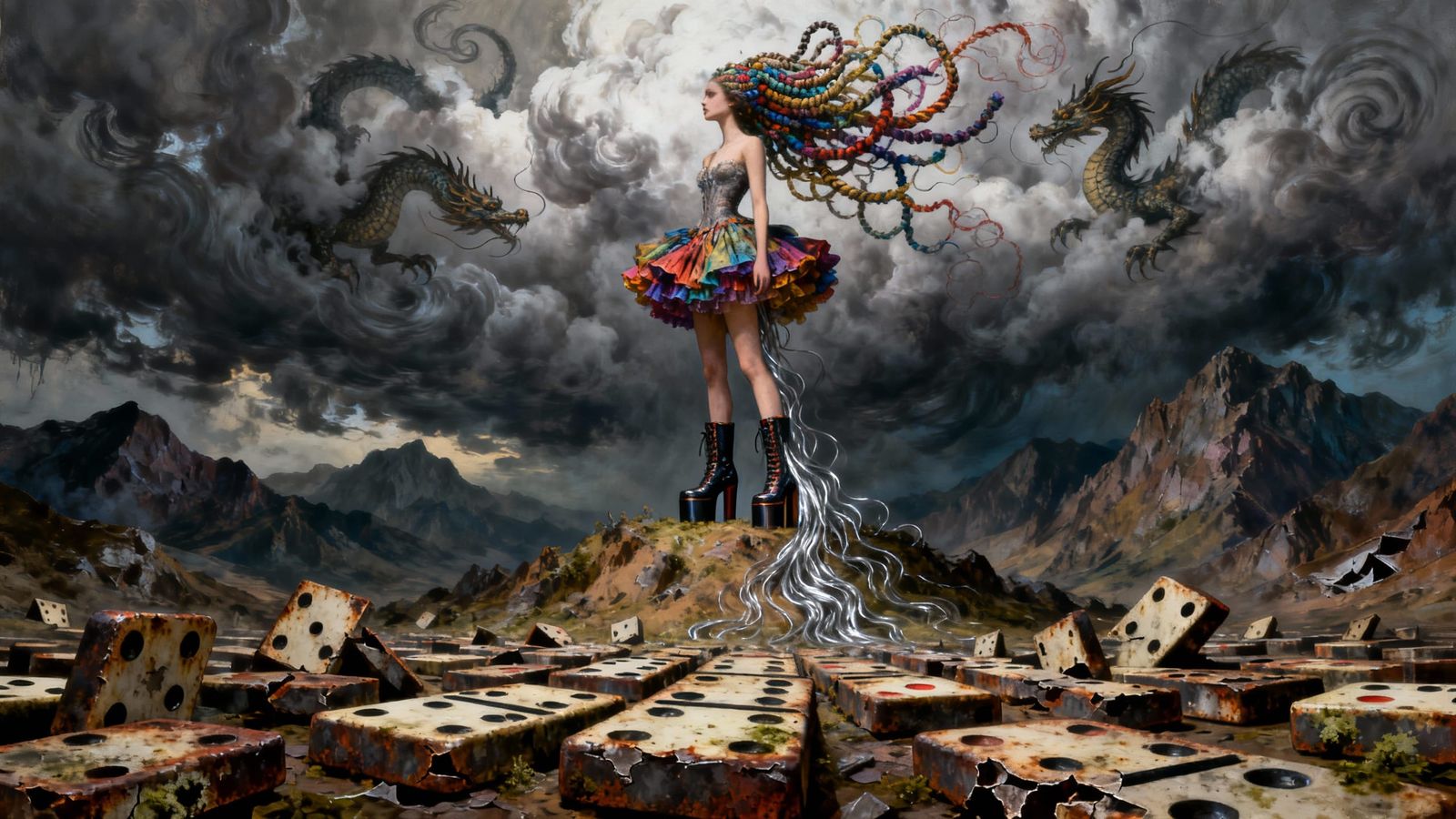 Surreal Dystopian Mountain Wasteland with Mythical Heroine