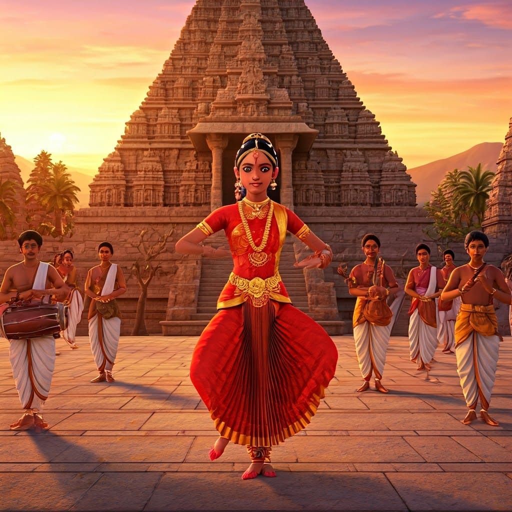 Indian Girl in Bharatanatyam Pose, 3D Animated Style
