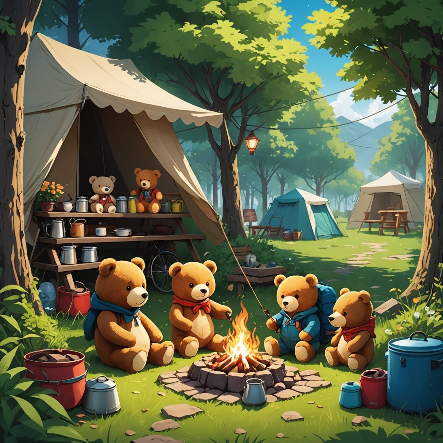 Teddy Bears' Backyard Camping Adventure in Anime Style