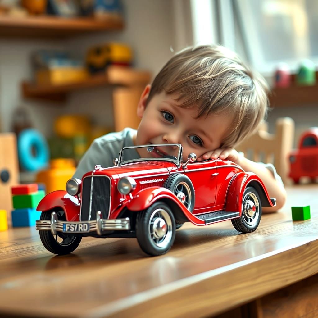 Boy Plays with Beautiful Red Retro Car Model