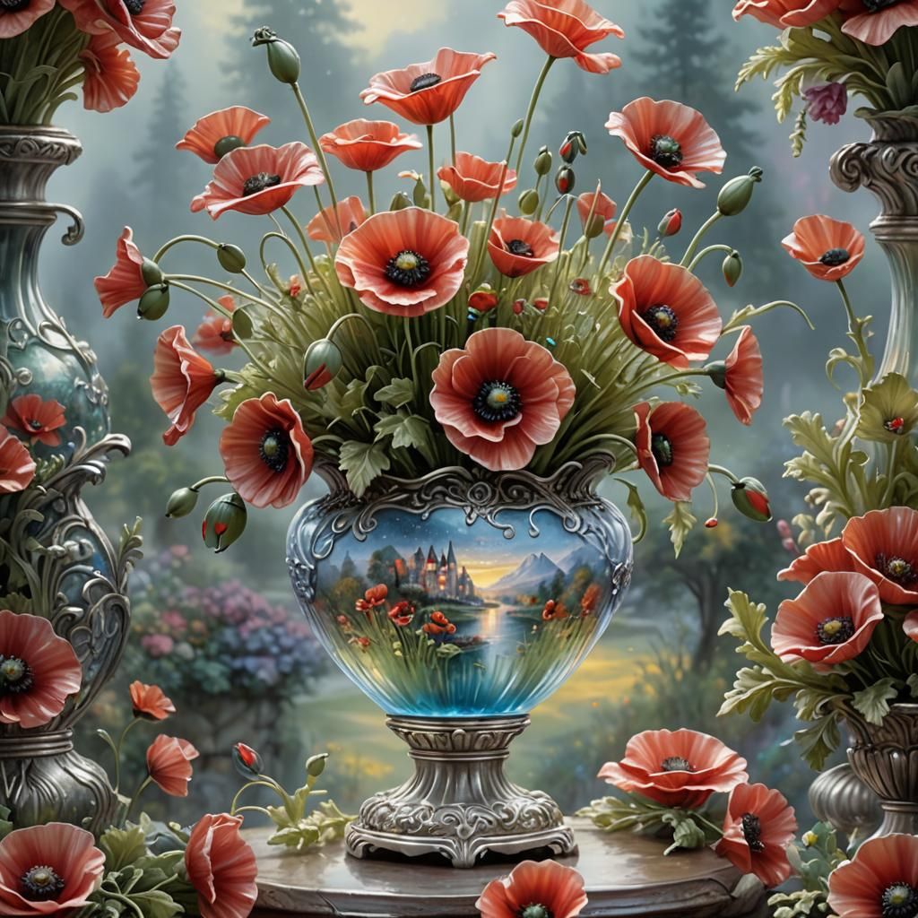 Glass Poppies Figurine in Ornate Vase, Ethereal Fantasy