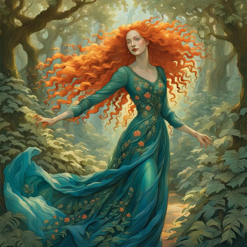 Woman Dancing in Forest with Flowing Gown, Fantasy Style