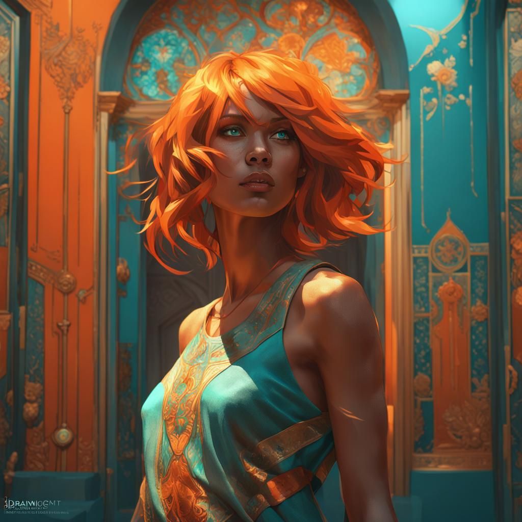 Woman with Orange Bob in Hyperdetailed Splash Art