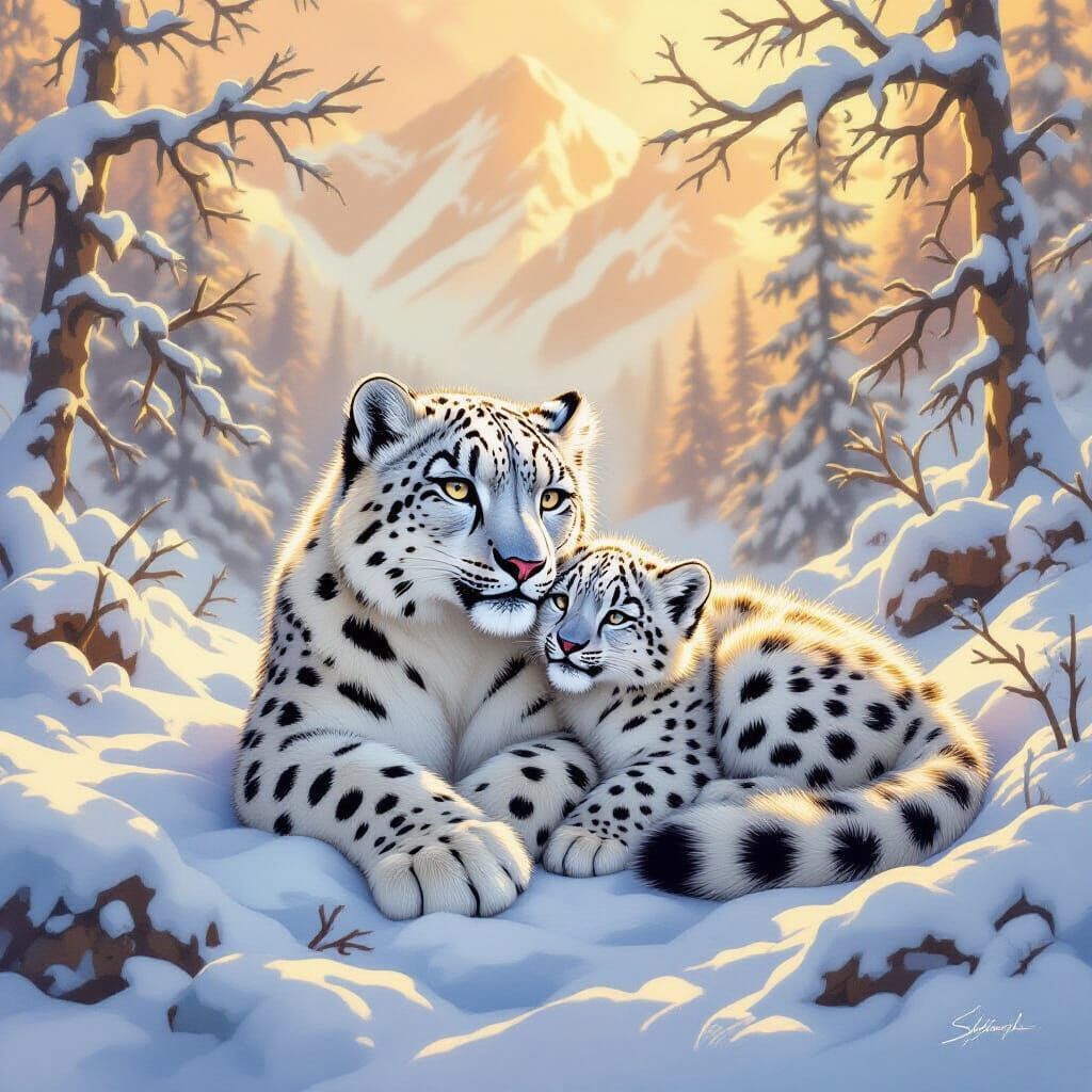 Snow Leopard Family in Frozen Wilderness