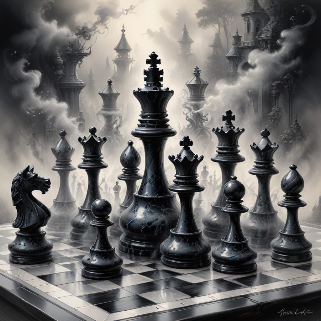 Ethereal Ink Chess Set Emerges from Black Smoke