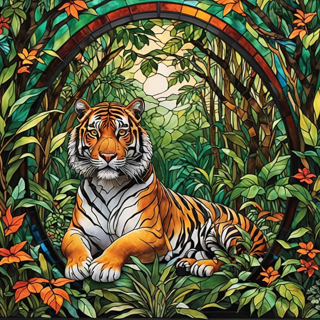 Stained Glass Majestic Tiger in Tropical Rainforest