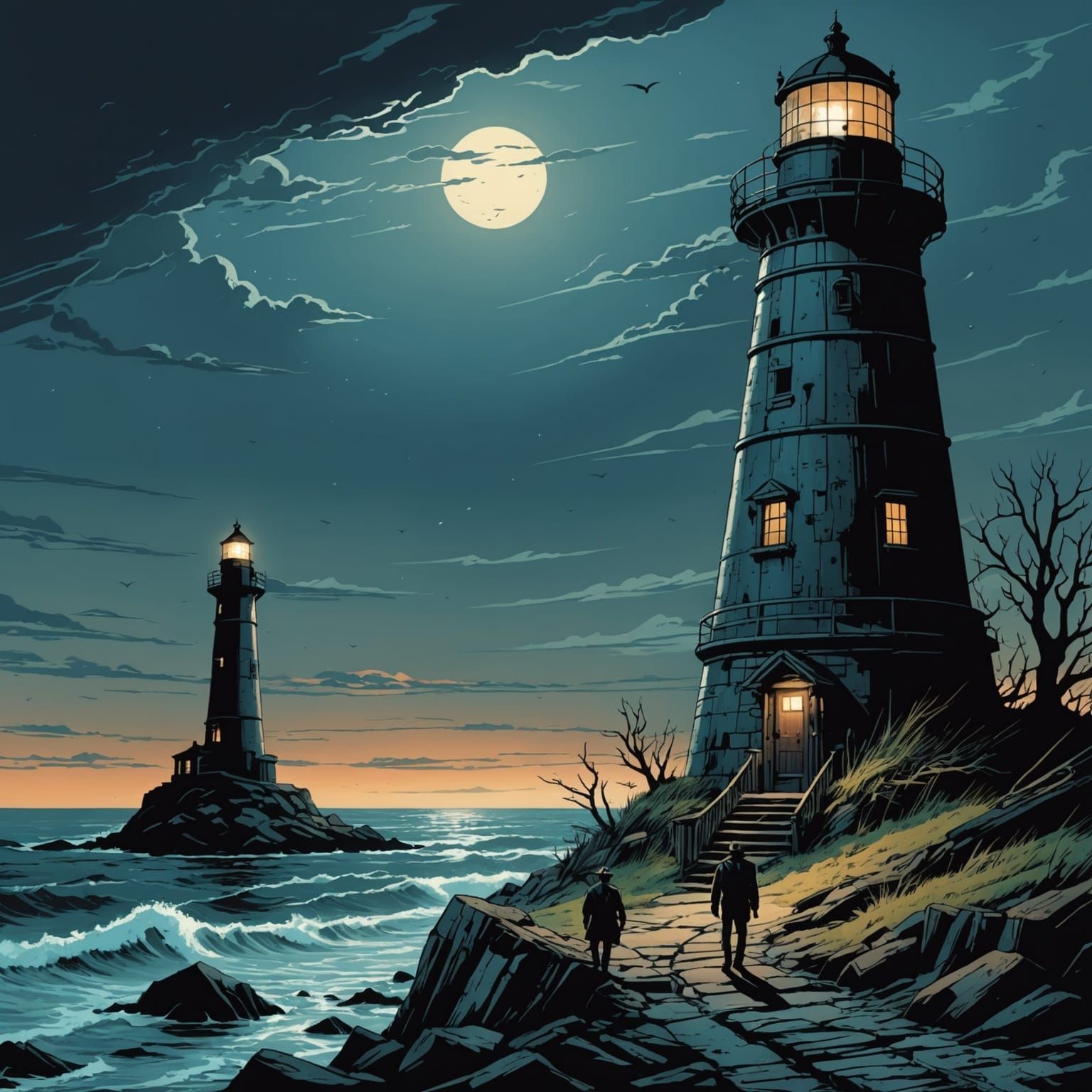Horror Lighthouse Keeper in Comic Book Style