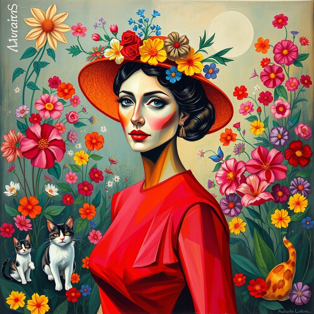 Woman in Cubist Style, Dressed in Red, in a Vibrant Garden